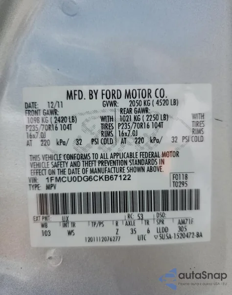 2012 Ford Escape Xlt z USA, uszkodzony, nr VIN 1FMCU0DG6CKB67122